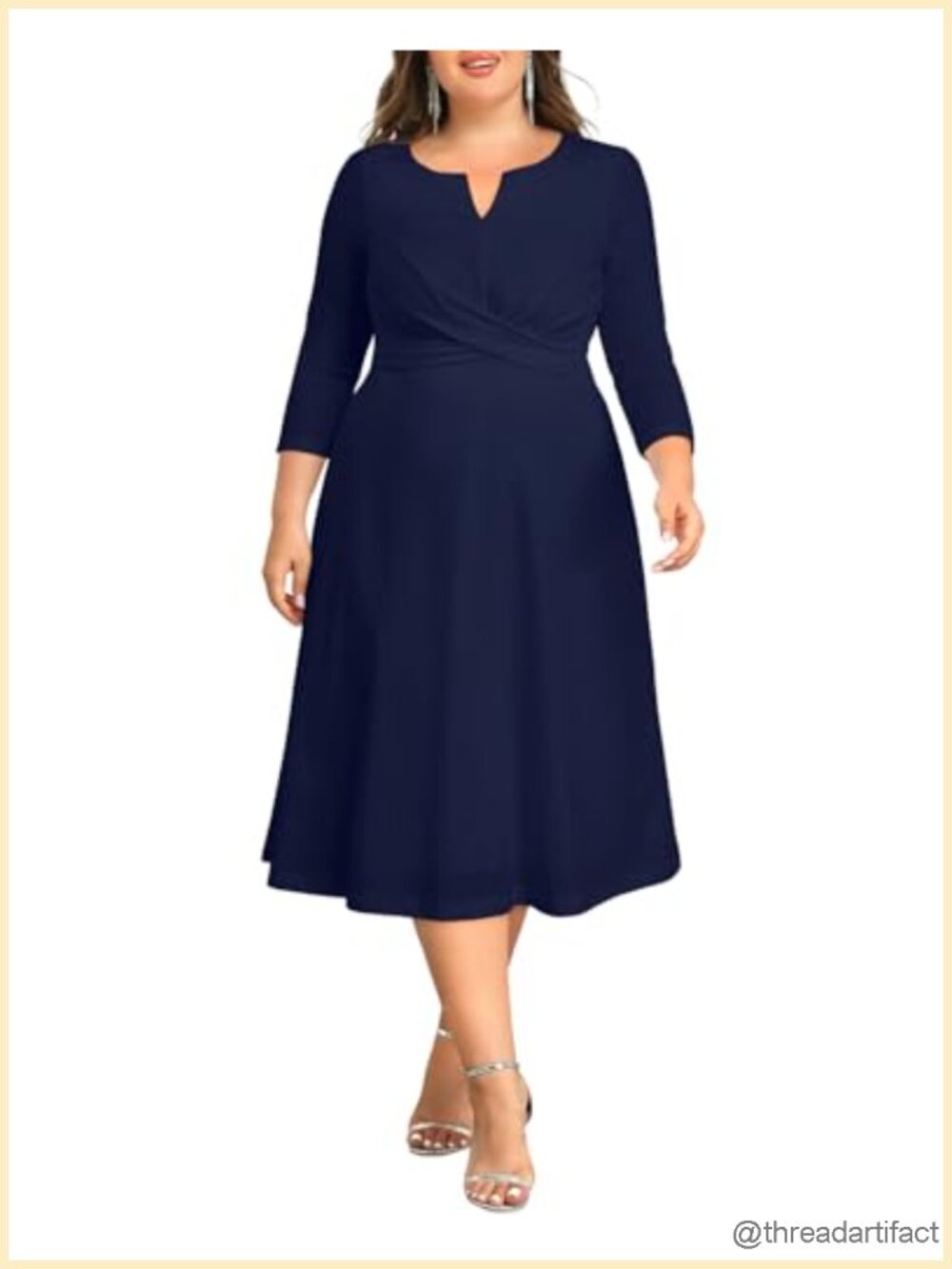 Plus Size Midi Dress A-Line V-Neck 3/4 Sleeve Cocktail Church Work Semi Formal